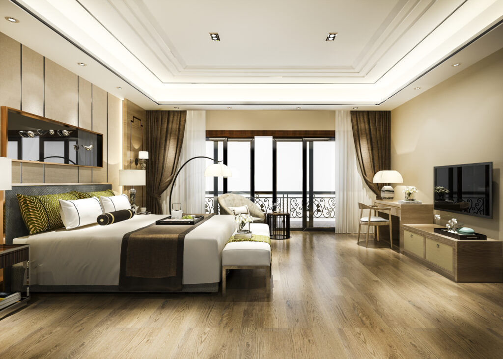 kiwi hospitality 3d rendering luxury bedroom suite in resort high rise hotel with working table
